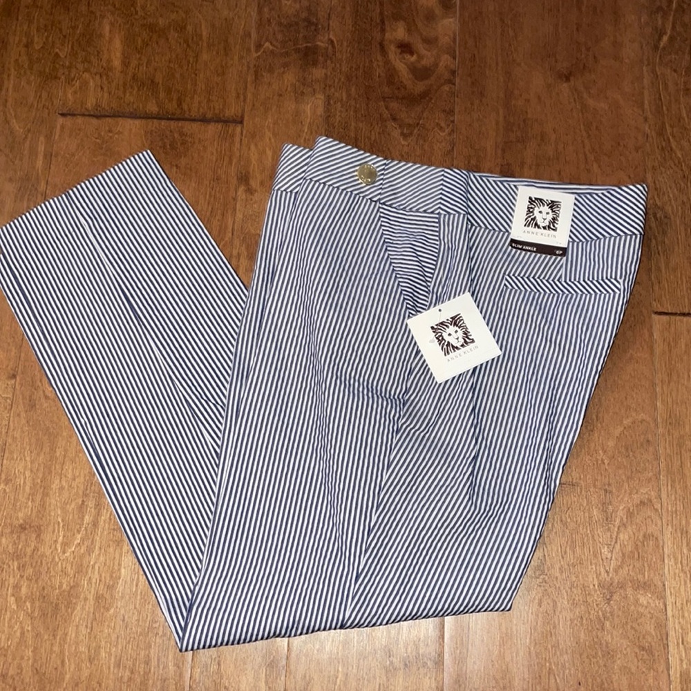 Anne Klein Slim Ankle Pants (navy blue and white stripes)